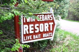 Twin Cedars Resort sign, opening soon for 2017 season