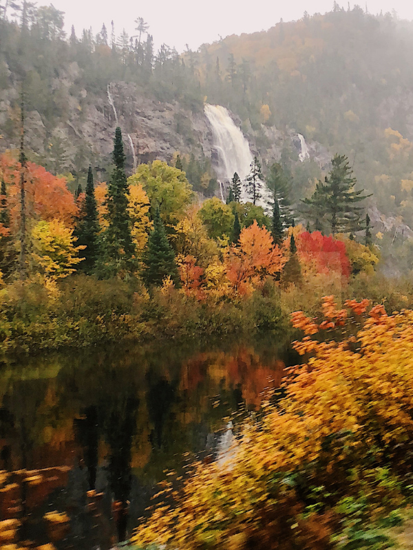 Agawa Canyon speeding past the Bridal Falls from the train